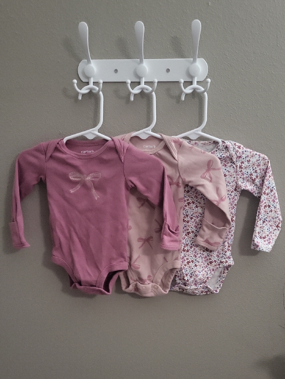 Carter's Girls Mauve & Light Pink Long-Sleeve Bow Bodysuit Set (3-Pack)